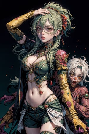 1lady, AgoonGirl, High detailed,  masterpiece, best quality, 8K, highres, absurdres:1.2,ultra-detailed, illustration,SharpEyess,
(((queen_of_zombies, green_hair))), (((3 male zombie with blindfolded are following her.))),
AgoonGirl,nijilorawolf,nijigirl, clownpiece,