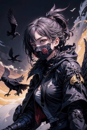 1lady, AgoonGirl, High detailed,  masterpiece, best quality, 8K, highres, absurdres:1.2,ultra-detailed, illustration,SharpEyess,((pestmask in the shape of a crow's beak. dark curly hair, crows)),AgoonGirl,nijilorawolf,nijigirl, clownpiece,((dynamic pose, dynamic angle))