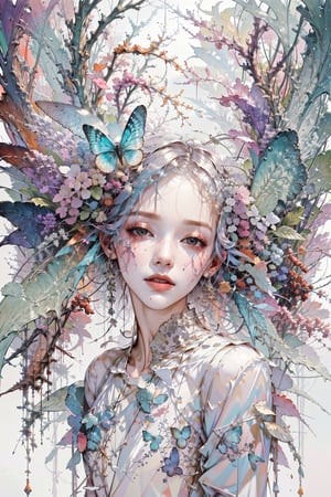 8k, (absurdres, highres, ultra detailed),1LADY. light blue butterfly (transparent, luminous), different world letters, pastel colors, fantasy world, Art Nouveau, Alphonse Mucha