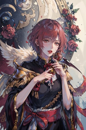 8k, (absurdres, highres, ultra detailed), 1girl, bangs, bat_wings, flower, hair_ornament, holding, holding_flower, lips, long_sleeves, looking_at_viewer, parted_lips, red_flower, red_lips, red_rose, ribbon, rose, sash, short_hair, solo, upper_body, wings, with a red background and a gold frame, Ayami Kojima, beautiful detailed, a detailed painting, rococo