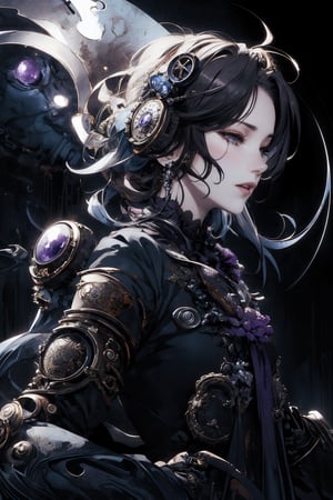 8k, (absurdres, highres, ultra detailed), (1lady), (the personification of gothic ghost), (Luis Royo), (Yoshitaka Amano), (dynamic angle, dynamic pose), (low angle, upper body), (steampunk background), amethyst, emerald, ruby, diamond