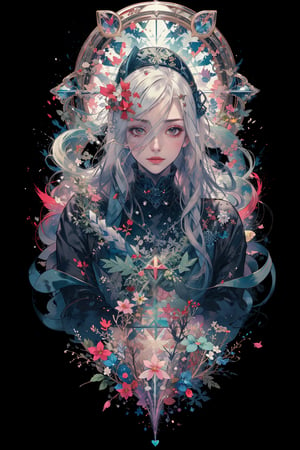 8k, (absurdres, highres, ultra detailed),1LADY. master of death, black motivation, (transparent, luminous red accent), otherworldly atomosphere, pastel colors, official art, Art Nouveau, Alphonse Mucha