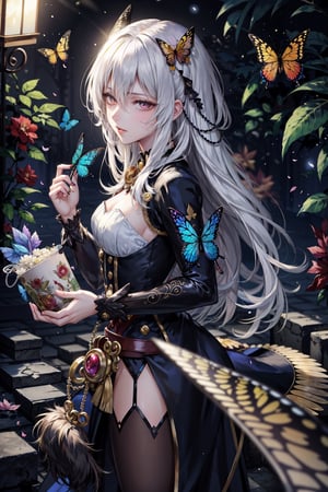 8k, (absurdres, highres, ultra detailed), a woman with long hair holding a fire ball in her hands and surrounded by butterflies and butterflies around her, Anna Dittmann, anime art, a detailed painting, gothic art, animal, bee, beetle, bird, red_butterfly, burning_dress, bug, butterfly, butterfly_hair_ornament, butterfly_on_hand, butterfly_print, butterfly_wings, crystal, dragonfly, dress, fairy, glowing_butterfly, hair_between_eyes, hair_ornament, kashiwazaki_sena, leaf, long_hair, long_sleeves, looking_at_animal, looking_at_viewer, origami, own_hands_together, paper_crane, solo, white_butterfly, yellow_butterfly