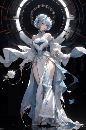 A stunning Rem, with vibrant blue short hair, radiates elegance in an exquisite Francesca Miranda-designed white wedding dress, adorned with a flowing veil and long gloves. She walks towards the altar, bouquet in hand, amidst a sea of petals gently falling from above. The church's solemn atmosphere is contrasted by the joyous celebration unfolding behind her. A priest stands at the forefront, awaiting her arrival, as Rem's perfect eyes sparkle with shyness and a hint of smile, capturing the intimate close-up moment.