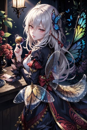 8k, (absurdres, highres, ultra detailed), a woman with long hair holding a fire ball in her hands and surrounded by butterflies and butterflies around her, Anna Dittmann, anime art, a detailed painting, gothic art, animal, bee, beetle, bird, red_butterfly, burning_dress, bug, butterfly, butterfly_hair_ornament, butterfly_on_hand, butterfly_print, butterfly_wings, crystal, dragonfly, dress, fairy, glowing_butterfly, hair_between_eyes, hair_ornament, kashiwazaki_sena, leaf, long_hair, long_sleeves, looking_at_animal, looking_at_viewer, origami, own_hands_together, paper_crane, solo, white_butterfly, red_hair, messy_hair,