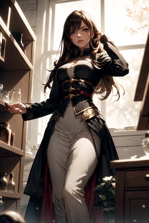 In a dimly lit laboratory, an alchemist lady stands solo, surrounded by shelves of ancient tomes and beakers filled with mysterious potions. Her medium chest and shiny white skin are accentuated by the soft lighting, as she gazes down at her hands, lost in thought. Her brown hair falls in loose waves down her back, and her red eyes burn with an inner intensity. A faint aura of particle energy mist surrounds her, as if the very fabric of reality is bending to her will. The camera captures a full-body shot from below, emphasizing her serious face and introspective demeanor.
