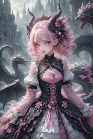 A Gothic Lolita girl with dragon eyes and dragon horns,Depth and Dimension in the Pupils,
gracefully crystalline cheeks, her attire adorned with intricate pink lace and dark, ethereal fabrics,(intricate dragon horns) elegantly complement her elaborate hairstyle, creating a mystical and captivating presence. Her eyes, reminiscent of a dragon's gaze, exude an otherworldly charm, adding a touch of fantasy to the Gothic Lolita aesthetic. The fusion of traditional Lolita elements with dragon-inspired details results in a unique and enchanting character.,dragon-themed,goth person,lolita_fashion,Dragon,gemsdragon,dragon_h,Chinese Dragon,Christmas Fantasy World
