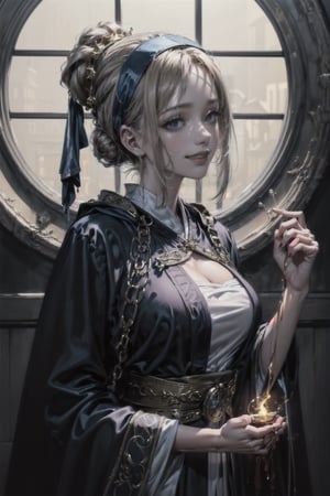 official art, unity 8k wallpaper, extremely detailed, beautiful and aesthetic, masterpiece, ultra quality, 1 woman solo,
(((alchemist, wearing thick robe, silky uniform, headband, looking down, melancholic smile, upper_body shot, dark prison, luminous experiment)))