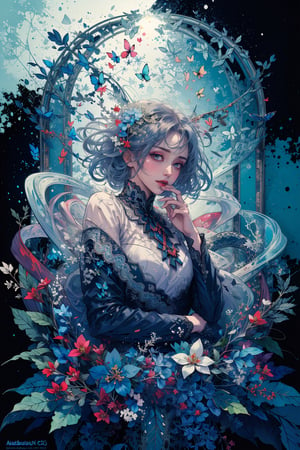 8k, (absurdres, highres, ultra detailed),1LADY. light blue butterfly (transparent, luminous red), different world letters, pastel colors, fantasy world, Art Nouveau, Alphonse Mucha