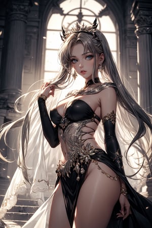 In a majestic black and white entanglement of ancient ruins, Sailor Moon stands as a bride-goddess, her shimmering silver and crystal attire glistening in the moonlight. Her long hair flows like a river of silk, with delicate strands framing her face. A dragon's head rises from the rubble, its scales glinting like precious jewels. The high-contrast image is rendered in hyper-quality detail, with intricate textures and subtle shading that draws the viewer in.