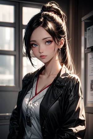 Render a masterpiece of a 16-year-old girl with a ponytail hairstyle, wearing a white shirt under a female doctor's coat, gazing directly at the viewer with a subtle 0.4 slight smile. The face is highly detailed, with perfect shiny skin and intricate eye features. Perfect lighting casts dramatic shadows, achieved through advanced ray tracing techniques. The upper body is in sharp focus, showcasing the subject's youthful charm.