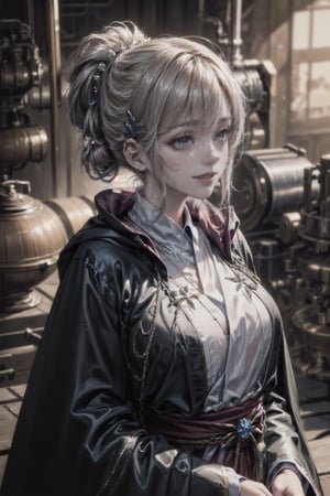 official art, unity 8k wallpaper, extremely detailed, beautiful and aesthetic, masterpiece, ultra quality, 1 woman solo,
(((alchemist, wearing thick robe, silky uniform, barrette, looking away, ironically smile, upper_body shot, dark factory, luminous experiment)))