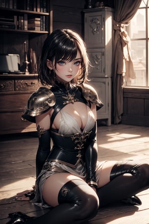 (masterpiece, best quality, 1lady, solo), (((fighting stance))), detailed eyes, (sword, armor, shield), battle soldieress, detailed dark fantasy, ((medium_large chest, shiny white skin, looking_dowm, sitting, sadistic_face, full_body:1.5)), blackhair, short_hair, black_eyes, midnight dark fog, moonlight, perfecteyes,1 girl,