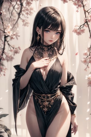 A young woman in a delicate kimono poses sensually against a soft focus background of vibrant cherry blossoms, radiant skin glowing under gentle light particles. Her piercing eyes, detailed with intricate eyelashes and subtle sparkle, captivate in medium shot. A scattering of jewelry adorns her neck and wrists, emphasizing curves. Understated elegance exudes confidence and allure.