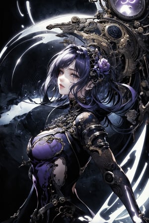 8k, (absurdres, highres, ultra detailed), (1lady), (the personification of gothic ghost), (Luis Royo), (Yoshitaka Amano), (dynamic angle, dynamic pose), (low angle, upper body), (steampunk background), amethyst