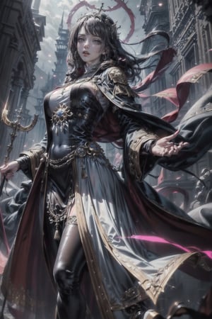 official art, unity 8k wallpaper, ultra detailed, beautiful and aesthetic, masterpiece, ultra quality, ultra detailed, expressions, dark background and foggy particles, extremely detailed, vivid colours, atmospheric, (((sophisticated_priestess, antique coat, super_dynamic_angle, ultra_dynamic_pose, exciting_stance))),