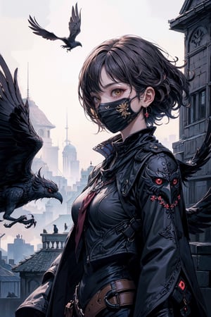1lady, AgoonGirl, High detailed,  masterpiece, best quality, 8K, highres, absurdres:1.2,ultra-detailed, illustration,SharpEyess,((Mask in the shape of a crow's beak. dark curly hair, flying crows)),AgoonGirl,nijilorawolf,nijigirl, clownpiece,((dynamic pose, dynamic angle))