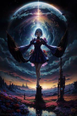 A curious girl with a bouquet of vibrant flowers stands amidst a fantastical landscape inspired by Wonderland's whimsy. In the background, a glowing alien cityscape stretches towards the sky, illuminated by an ethereal blue light. The girl's bright smile and outstretched arms seem to welcome the extraterrestrial visitors, as if showcasing her own little patch of wonder in this surreal science fiction world.