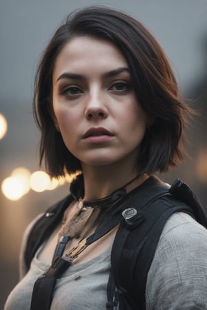 A low-angle shot frames a striking American-style portrait of a retrofuturistic female assassin, her piercing gaze and stern expression set against the backdrop of a dystopian metropolis. Brutalist architecture, characterized by sharp lines and imposing structures, looms large behind her, with neon lights casting an eerie glow. The assassin's sleek black jumpsuit and high-tech gadgets blend seamlessly into the cold, industrial environment, as she stands poised, ready to strike.
