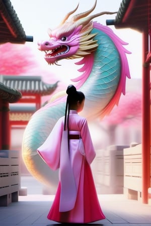 masterpiece, best quality, concept_dragon photo, 1girl, hanfu fashion, chinese dragon, eastern dragon, pink theme, volumetric lighting, ultra-high quality, photorealistic, city street background