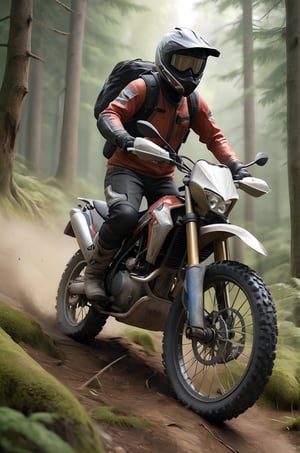 one realistic enduro motorcycle on a forest trail,more detail XL