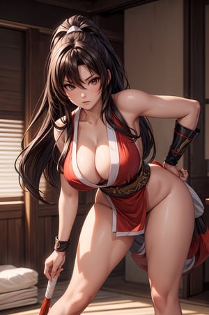 A perfectly realistic and highly detailed picture of Mai Shiranui, seen from the knee up, with dark hair, large breasts, deep cleavage, and thick thighs, a dojo environment, dusk light, side light and shadows, standing sexy and bent over forward