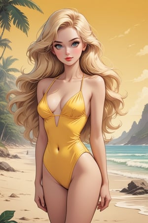 Dolly by Blas Gallego, simple 2d art, vintage comic book illustration of a blonde woman, wearing a yellow bath suit, full body, long straigth hair, sexy body, fashion pose, detailed gorgeous face,  tropical beach environment,  exquisite detail, 30-megapixel, 4k, looking into camera, Flat vector art, Vector illustration, high colour, high contrast, Illustration,,<lora:659095807385103906:1.0>