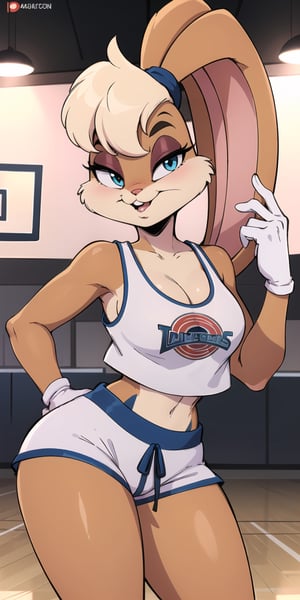 sexy, hot, lola bunny, lolabunny, toon, basketball, white loose crop top, blue loose shorts, masterpiece, best quality, looking at viewer, furry, tank top, sportswear, portrait, white gloves