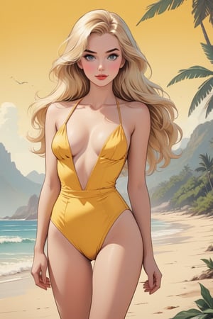 Dolly by Blas Gallego, simple 2d art, vintage comic book illustration of a blonde woman, wearing a two piece yellow bath suit, full body, long straigth hair, sexy body, fashion pose, detailed gorgeous face,  tropical beach environment,  exquisite detail, 30-megapixel, 4k, looking into camera, Flat vector art, Vector illustration, high colour, high contrast, Illustration,,,<lora:659095807385103906:1.0>