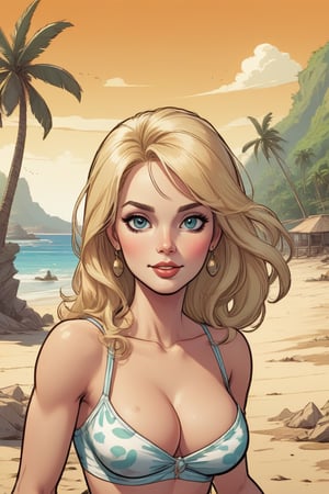 Dolly by Blas Gallego, 1 girl, a blonde female on a tropical beach, modern comic book illustration, graphic illustration, comic art, graphic novel art, vibrant, highly detailed