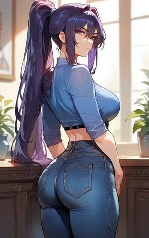 highly detailed, high quality, beautiful, masterpiece, high_quality, score_9, score_8_up, score_7_up, source_anime,full_color,illustration,anime,1girl,

blue shirt, hime hair, dark purple hair, high ponytail,jeans, dark blue skirt,

,mirham