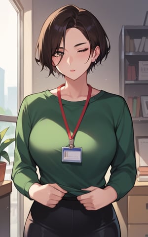 highly detailed, high quality, beautiful, masterpiece, high_quality, score_9, score_8_up, score_7_up, score_9, score_8_up, score_7_up, source_anime,
dark green sweater,short_hair,pixie_haircut,dark brown hair,brown pencil skirt, big bust, black tights, lanyard , white skin
,mirham