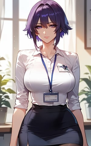 highly detailed, high quality, beautiful, masterpiece, high_quality, score_9, score_8_up, score_7_up, source_anime,full_color,illustration,anime,1girl,

white shirt, hime hair, short hair, dark purple hair, pencil skirt, big bust, black tights, lanyard

,mirham