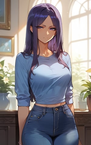 highly detailed, high quality, beautiful, masterpiece, high_quality, score_9, score_8_up, score_7_up, source_anime,full_color,illustration,anime,1girl,

blue shirt, hime hair, dark purple hair, jeans, dark blue skirt,

,mirham