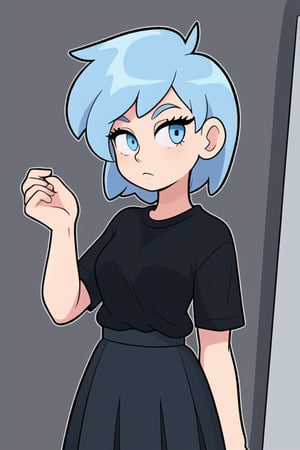 a girl whit light blue eyes,light blue hair,black shirt,black skirt