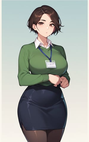 highly detailed, high quality, beautiful, masterpiece, high_quality, score_9, score_8_up, score_7_up, score_9, score_8_up, score_7_up, source_anime,
dark green sweater,short_hair,pixie_haircut,dark brown hair,brown pencil skirt, big bust, black tights, lanyard , white skin
,mirham