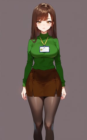 highly detailed, high quality, beautiful, masterpiece, high_quality, score_9, score_8_up, score_7_up, source_anime,full_color,illustration,anime,1girl, 

dark green sweater, brown hair,long hair, brown skirt, black pantyhose, yellow lanyard 
,mirham
