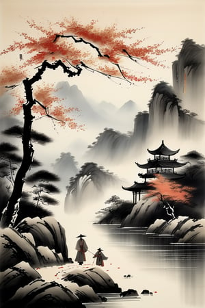 Design a Chinese ink painting with stark contrasts of light and shadow, revealing the simple beauty of wild flowers, and the couple's journey embodying the tranquility and nobility of the natural world. The couple's form depicts precise, nuanced representation, and their journey evokes humility and reverence for the realist tradition.