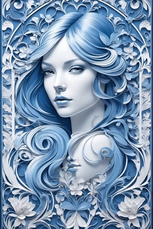 Stylish light blue girl, illustration drawn on embossed paper, dark blue and white, smooth beautiful lines, white art nouveau background, carefully drawn details, multi-layered three-dimensionality, with epic visuals and superb printing technology