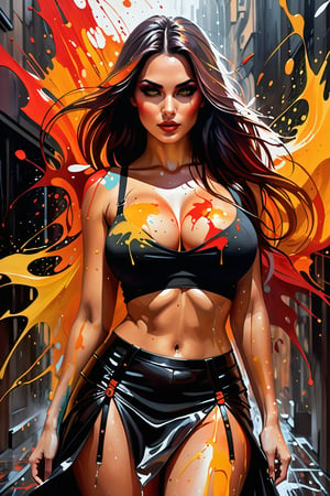 A dark fantasy portrait, dominated by warm hues of orange, yellow, and red. The artwork features splatters and blends of these vibrant colors, creating a sense of movement and energy. The entire canvas appears wet, with the colors merging and blending in various areas, forming a dynamic and fluid appearance. The overall atmosphere of the painting is mysterious and evocative, drawing the viewer into its hauntingly beautiful world., dark fantasy

 Irresistibly sexy beauty. ,cameltoe , Cinematic Portrait Scene, Pantshot, Cinematic Realism, Best Quality, Masterpiece, 8K,skirt lift
 ,perfect breasts,big breasts,,,More Reasonable Details,