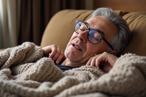 An older man was dozing on the sofa with a blanket covering him. His head rested on his hands, his mouth opened, and saliva flowed from the corners of his mouth. Wearing glasses and gray hair, he looked natural and relaxed. Warm and soft colors