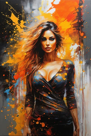 A dark fantasy portrait, dominated by warm hues of orange, yellow, and red. The artwork features splatters and blends of these vibrant colors, creating a sense of movement and energy. The entire canvas appears wet, with the colors merging and blending in various areas, forming a dynamic and fluid appearance. The overall atmosphere of the painting is mysterious and evocative, drawing the viewer into its hauntingly beautiful world., dark fantasy

 Irresistibly sexy beauty. ,cameltoe , Cinematic Portrait Scene, Pantshot, Cinematic Realism, Best Quality, Masterpiece, 8K,skirt lift
 ,perfect breasts,big breasts,,,More Reasonable Details,