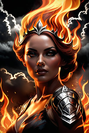 A burning woman's head with dark clouds around it, surrounded by flames, with a background of a black sky and smoke. It features high contrast between light and shadow, creating an epic atmosphere. The use of movie lighting creates a strong visual impact. In the style of realistic rendering, with detailed character design in dark orange and gray tones, and a symmetrical composition creating a symphonic mood.