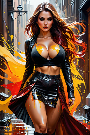 A dark fantasy portrait, dominated by warm hues of orange, yellow, and red. The artwork features splatters and blends of these vibrant colors, creating a sense of movement and energy. The entire canvas appears wet, with the colors merging and blending in various areas, forming a dynamic and fluid appearance. The overall atmosphere of the painting is mysterious and evocative, drawing the viewer into its hauntingly beautiful world., dark fantasy

 Irresistibly sexy beauty. ,cameltoe , Cinematic Portrait Scene, Pantshot, Cinematic Realism, Best Quality, Masterpiece, 8K,skirt lift
 ,perfect breasts,big breasts,,,More Reasonable Details,