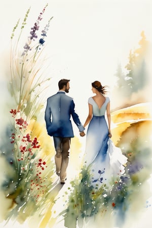 Design a Stark watercolor painting with contrasting light and shadow, revealing the simple beauty of wild flowers, and the couple's journey reflecting the tranquility and nobility of the natural world. The couple's form depicts precise, nuanced representation, and their journey evokes humility and reverence for the realist tradition.
