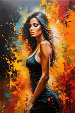 A dark fantasy portrait, dominated by warm hues of orange, yellow, and red. The artwork features splatters and blends of these vibrant colors, creating a sense of movement and energy. The entire canvas appears wet, with the colors merging and blending in various areas, forming a dynamic and fluid appearance. The overall atmosphere of the painting is mysterious and evocative, drawing the viewer into its hauntingly beautiful world., dark fantasy

 Irresistibly sexy beauty. ,cameltoe , Cinematic Portrait Scene, Pantshot, Cinematic Realism, Best Quality, Masterpiece, 8K,skirt lift
 ,perfect breasts,big breasts,,,More Reasonable Details,