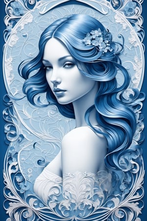 Stylish light blue girl, illustration drawn on embossed paper, dark blue and white, smooth beautiful lines, white art nouveau background, carefully drawn details, multi-layered three-dimensionality, with epic visuals and superb printing technology