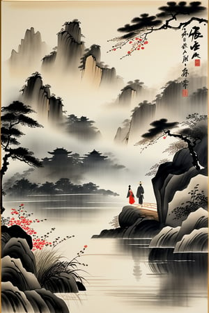 Design a Chinese ink painting with stark contrasts of light and shadow, revealing the simple beauty of wild flowers, and the couple's journey embodying the tranquility and nobility of the natural world. The couple's form depicts precise, nuanced representation, and their journey evokes humility and reverence for the realist tradition.