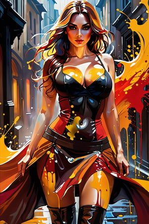 A dark fantasy portrait, dominated by warm hues of orange, yellow, and red. The artwork features splatters and blends of these vibrant colors, creating a sense of movement and energy. The entire canvas appears wet, with the colors merging and blending in various areas, forming a dynamic and fluid appearance. The overall atmosphere of the painting is mysterious and evocative, drawing the viewer into its hauntingly beautiful world., dark fantasy

 Irresistibly sexy beauty. ,cameltoe , Cinematic Portrait Scene, Pantshot, Cinematic Realism, Best Quality, Masterpiece, 8K,skirt lift
 ,perfect breasts,big breasts,,,More Reasonable Details,