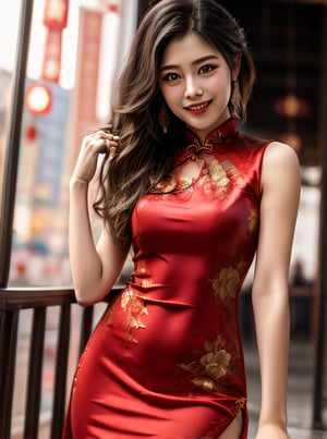 1girl,cityscape,((red long dress)),Fashion cheongsam,smile,Detailedface